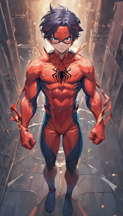 Homem aranha,realista,hiper realismo, Athletic muscle,com o trage vermelho e azul saturado com textura. E uma jaqueta por cima do traje