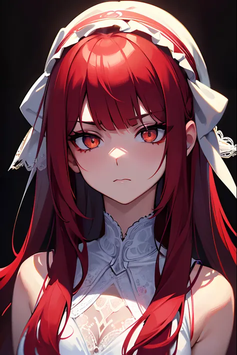 ((masterpiece)), ((best quality)), 1girl, long hair, big bust, ((red hair)), ((face portrait)), very long red hair, ((intimidant look)), ((blood marks)), yellow eyes, ((white lace lingerie)), leather, purple clothes, ((bandana)), brillant eyes, ((wavy hair...