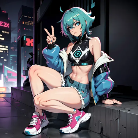 cyberpunk femboy In cargos, or booty shorts, sneakers, and a oversized varsity jacket! Blur shaggy hair, blue eyes, (SUPER FLAT CHEST)(FLAT CHEST), solo, alone