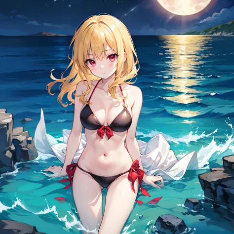 Wavy blonde、red eyes、Beautiful girl alone、The bikini、a moon、sea side、natta