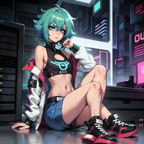 cyberpunk femboy In cargos, or booty shorts, sneakers, and a oversized varsity jacket! Blur shaggy hair, blue eyes, (SUPER FLAT CHEST)(FLAT CHEST), solo, alone