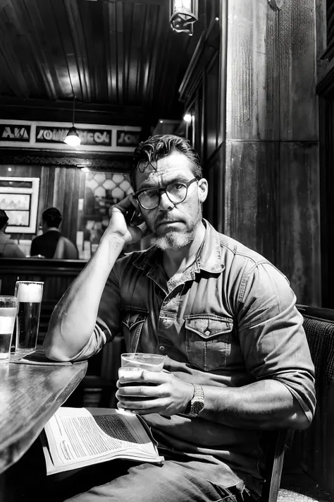 guttoépico2, Capture a vintage-style photograph of a man wearing glasses, Olhando ((Triste e descontentamento)), with tears in eyes, sitting alone at an English pub counter, segurando uma cerveja. Pay attention to (((detalhes intrincados))) to convey the d...