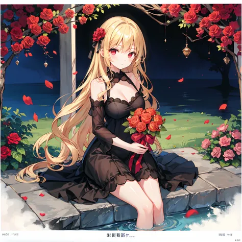 wavy blonde、red eyes、beautiful girl alone、black dress、gravure、sitting on、rose garden、bouquet of roses、gentle expression