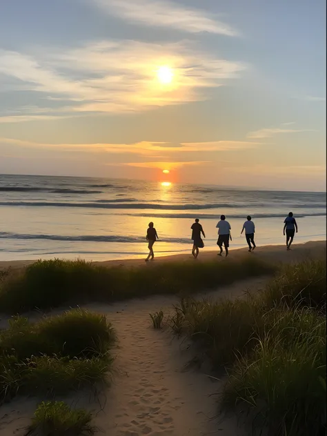 People walk the path leading to the beach at sunset, late sunset, late sunset, At sunrise, ( Visually stunning, during sunrise, taken on iphone 1 3 pro, at the sunset, author：Tom Wenerstrand, author：Sam Dilmans, At sunset, going forward to the sunset, as t...