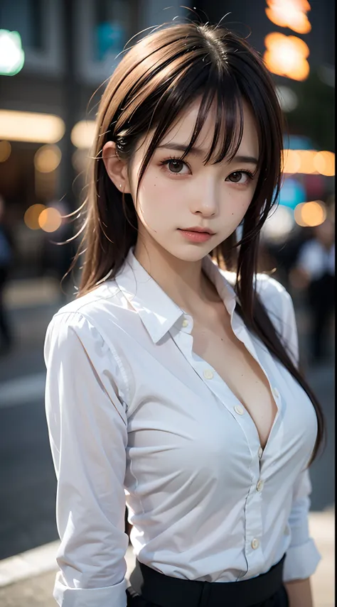 (masutepiece, Best Quality:1.2), 8K, 85 mm, Official art, Raw photo, absurderes, violaceaess, rosaceaess, gardeniass, Beautiful Girl, Pretty Face, close up, Upper body, Cinch West, Black Tailored Suit, Suit jacket, V-neck shirt, Looking at Viewer, (cleavag...