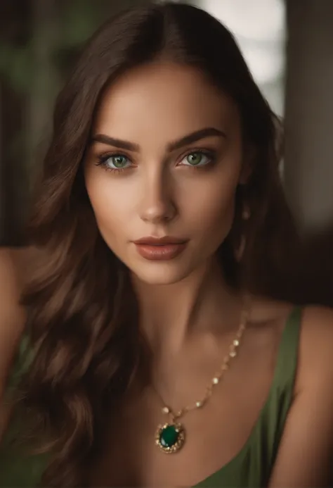 arafed woman with a red dress and a necklace, sexy girl with green eyes, portrait sophie mudd, brown hair and large eyes, selfie of a young woman, bedroom eyes, violet myers, without makeup, natural makeup, looking directly at the camera, face with artgram...