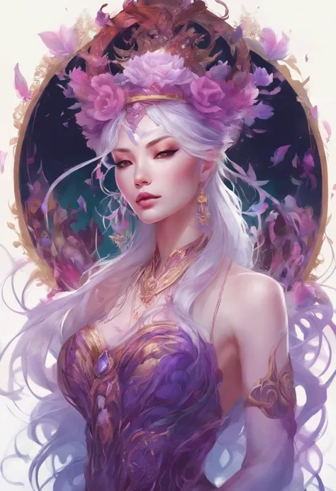 Full-length mermaid with transparent purple tail, highly detailed, digital painting, concept art, smooth, sharp focus, illustration, art by artgerm and greg rutkowski and alphonse mucha, dark comic book style, Mermaid with long purple hair and red eyes, gl...