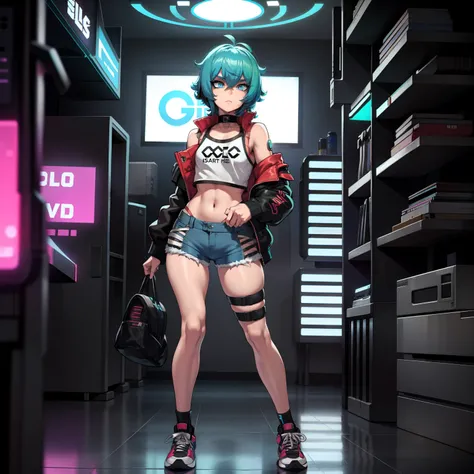 cyberpunk femboy In cargos, or booty shorts, sneakers, and a oversized varsity jacket! Blur shaggy hair, blue eyes, (SUPER FLAT CHEST)(FLAT CHEST), solo, alone