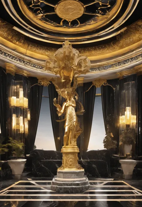 Greek mythology themed statue made of black marble with gold and white veins, Detailed in millionaire mansion Rococo style, noche,luces tenues alumbrando, ambiente oscuro y misterioso, sofisticado, Eccentric, Berni, Michelangelos, , Alto contraste de luces...