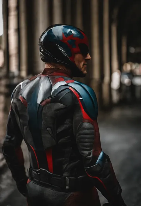 Homem aranha,realista,hiper realismo, Athletic muscle,com o trage vermelho e azul saturado com textura. E uma jaqueta por cima do traje. Sex