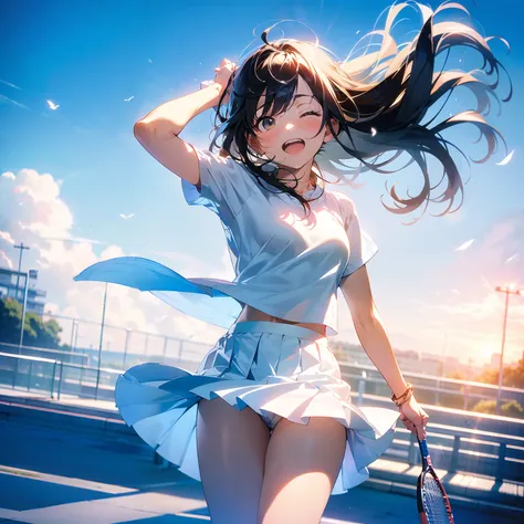 in 8K、top-quality、​masterpiece、ultra-detailliert、Ultra-high resolution、Anime style、1 woman、Tennis Wear、White undercoat、heavy wind、Pleated skirt、Skirt flipping in the wind、((Holding the flipping skirt with your hand))、(Impatient)