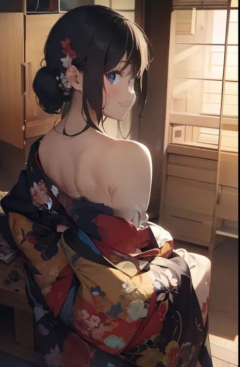 ultra-quality, ultla highres, Hyper Detailed, High contrast, superfine illustration, creative refinement, Smile, japanese kimono, livingroom