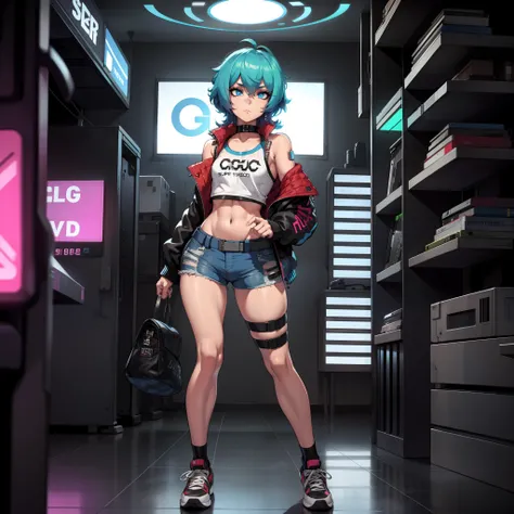 cyberpunk femboy In cargos, or booty shorts, sneakers, and a oversized varsity jacket! Blur shaggy hair, blue eyes, (SUPER FLAT CHEST)(FLAT CHEST), solo, alone