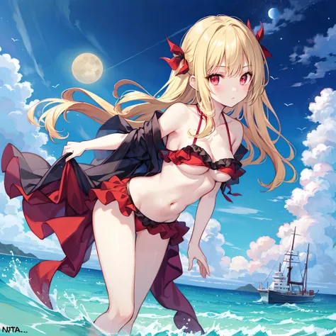 Wavy blonde、red eyes、Beautiful girl alone、Bikini with ruffles、a moon、sea side、natta、gravure