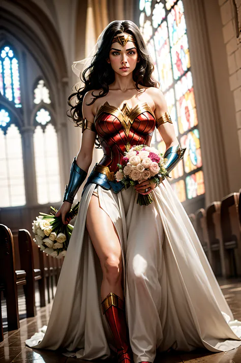 Wonder Woman using a wedding dress in a church with a bouquet of flowers on hands