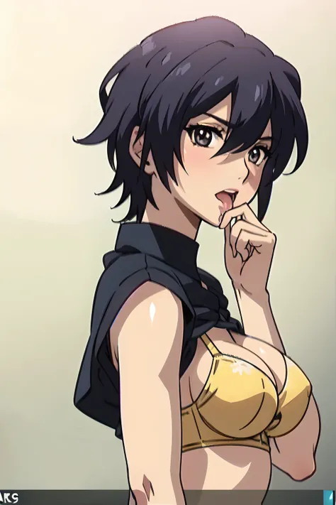 1girl in, Looking at Viewer, nanami, ((Short hair:1.2, Tsurime)), ((fake , Fake tongue licking, fake:1.4, (Nothing at hand:1.4, Bring her hand to her mouth))), Open mouth, masutepiece, Best Quality, 4K, Yellow Bra, high-detail, highly accurate, sharp, ((Up...