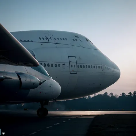 View of a large 747 commercial airliner on a runway, plane, low view, Directed by: Robert Jacobsen, Directed by: Matias Weischer, F / 1 1. 0, plane, Tiro em Hasselblad, aeronave, low shooting angle, ao nascer do sol, brilho matinal, Tiro com Hasselblad, F ...