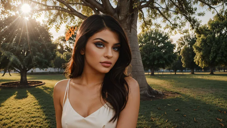 Kylie Jenner, (eyeliner), (matte lipstick), vestido longo branco, ((park)), ((rosto insanamente detalhado)), (((fotografia 4k))), (orange sky, afternoon), (((sun rays passing through a tree)))