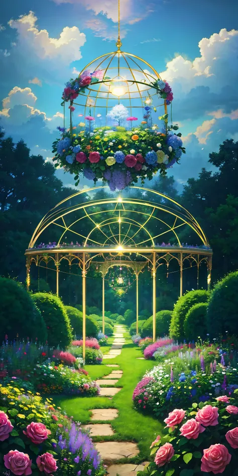 (Secret garden), exuberant, Floral, Rosa, (A plant), romanticism lain, an enchanted forest, cosmic space,beautiful cloud,grid, truss, trpical garden, (realisticlying:1.5), (good shading), Good construction, Volumetriclighting, cinematic ligh, Good construc...