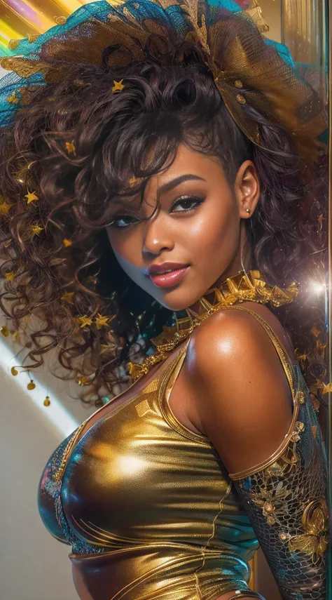 Black girl. gold curly hair, smiling beautiful girl, tulle transparent shirt, cleavage, big chest, against a bright background, interesting pose, bright modern clothes, creative haircut, multicolor with gold and silver, ultra detail, neon light, ultra dyna...