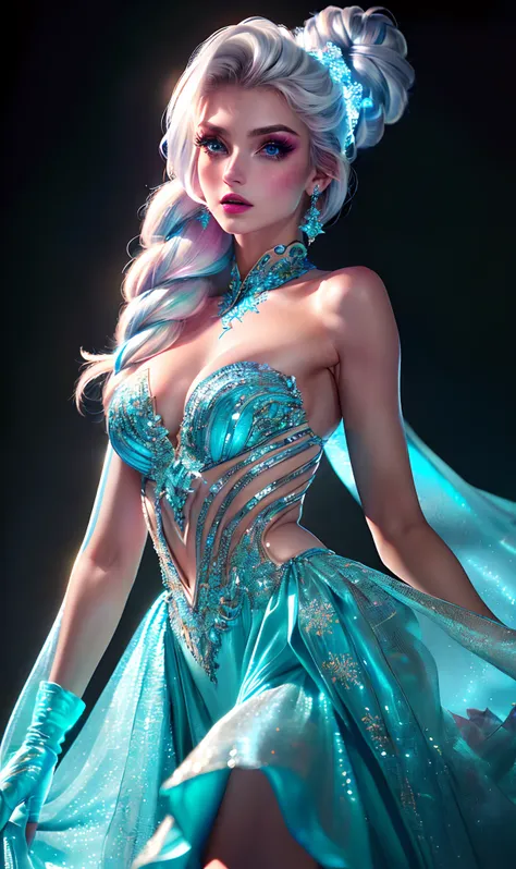 (((Ultra detailed, beautiful face, Megapixel))) Create a visually vibrant and captivating photo realistic image of a model styled as Elsa from Disneys "Frozen," reimagined with a neon-inspired twist. The model possesses an ethereal and ice-kissed (pale) co...