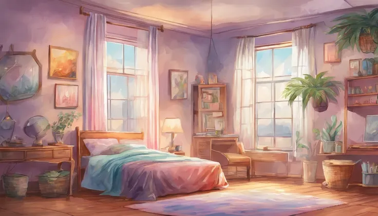 anime backgrounds,90s Teen Bedroom , Half realistic, Ring lighting , prisma, Cinematic,pastel