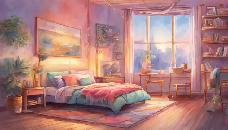 anime backgrounds,90s Teen Bedroom , Half realistic, Ring lighting , prisma, Cinematic,pastel