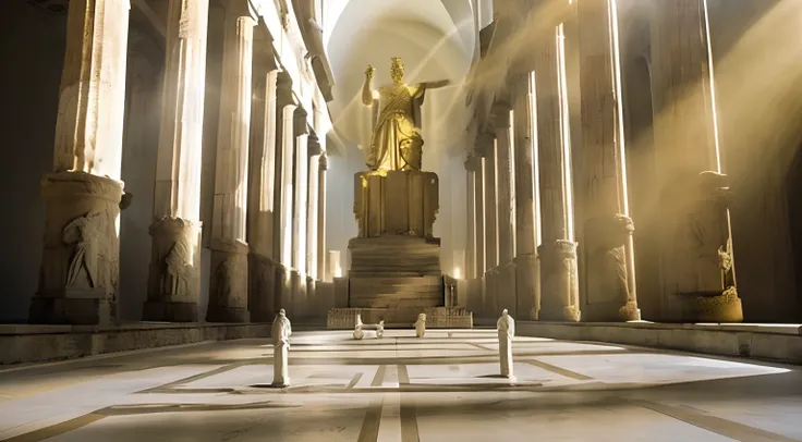 Arafed view of a large statue in a very large building, Trono do Olimpo, statue of zeus, Reis antigos em vestes brancas, Sala do Trono, epic scene of zeus, the goddess hestia, Olympian God, arte conceitual de deus, O Deus Atena, em uma sala do trono, Ozyma...