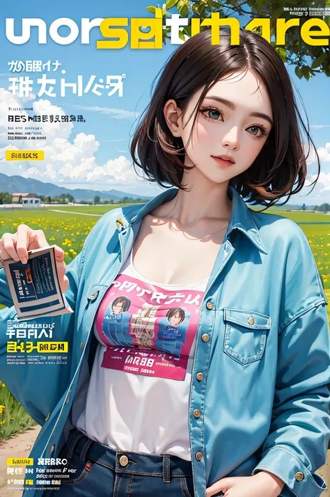 masterpiece, best quality, spring outfit, colorful hair, outdoor, magazine cover ,upper body,