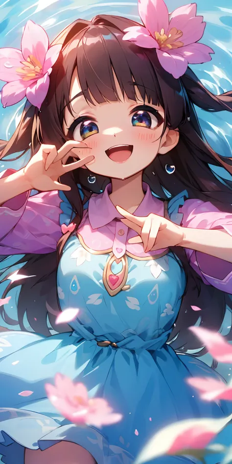 Stand in front of the photo、Open mouth and big smile、Water droplets on the cheeks、kawaii pose、Flowing iridescent silk、up of face、Eye Up、Colorcon with heart pattern、Floral dress、There are flowers even in front of you、flower petals