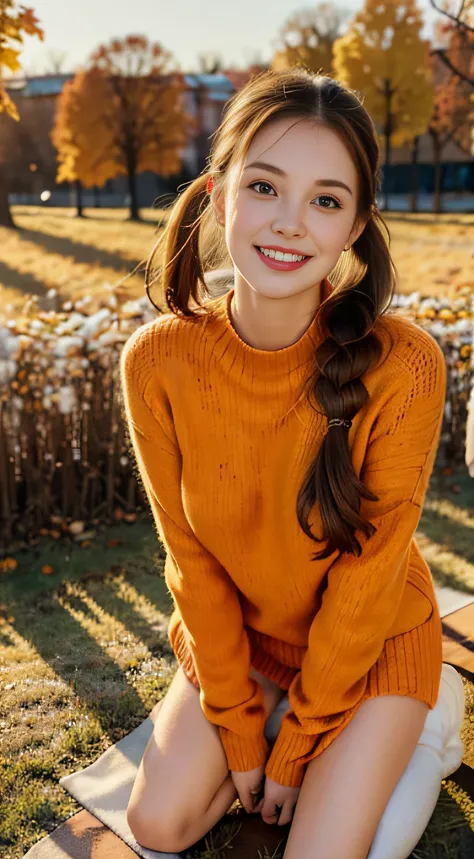 1 pretty girl，white skinned，brown  hair，looking at viewer, beautiful medium chest, Russia, pony tail, authentic happy smile, kneeling, autumn vibe, magical evening amber light, wearing orange red sweater, wearing red clothes