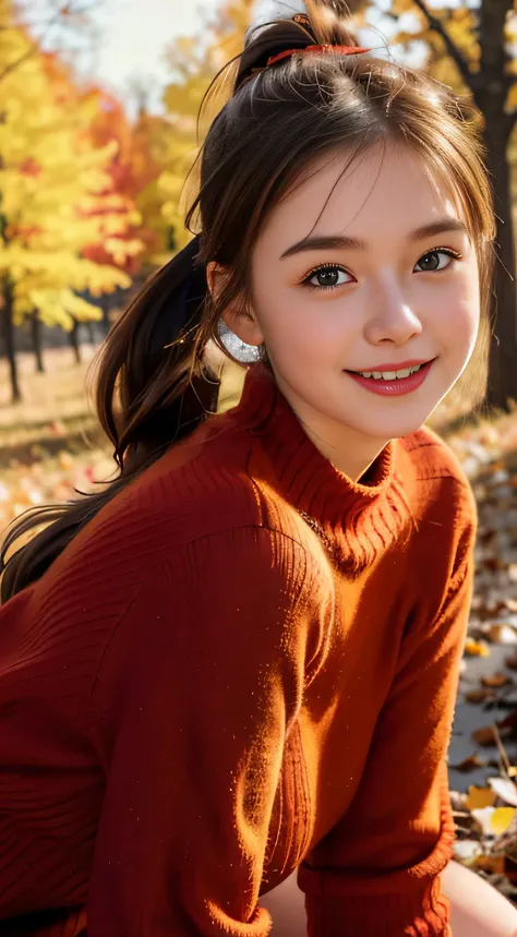 1 pretty girl，white skinned，brown  hair，looking at viewer, beautiful medium chest, Russia, pony tail, authentic happy smile, kneeling, autumn vibe, magical evening amber light, wearing orange red sweater, wearing red clothes