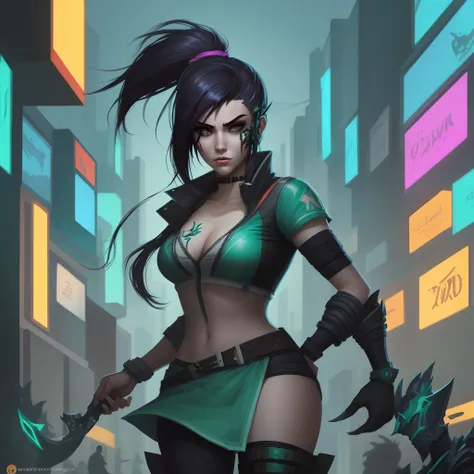 Give me an illustration of the character Akali from League of legends in the style of Cyberpunk