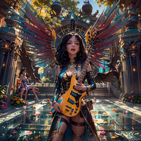 Sun urban Goddess_play_guitar Masterpiece ultra deep path equirectangular_360 handled jukebox forest Beholder graduate global luminescence saturate Sunlight volumetric lightning contrast meticulously intricate ultra_high-definition pro-photo-realistic opti...