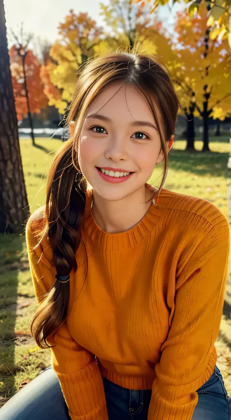 1 pretty girl，white skinned，brown  hair，looking at viewer, beautiful medium chest, Russia, pony tail, authentic happy smile, kneeling, autumn vibe, magical evening amber light, wearing orange sweater, wearing red clothes