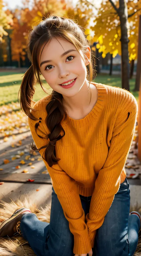 1 pretty girl，white skinned，brown  hair，looking at viewer, beautiful medium chest, Russia, pony tail, authentic happy smile, kneeling, autumn vibe, magical evening amber light, wearing orange sweater, wearing red clothes