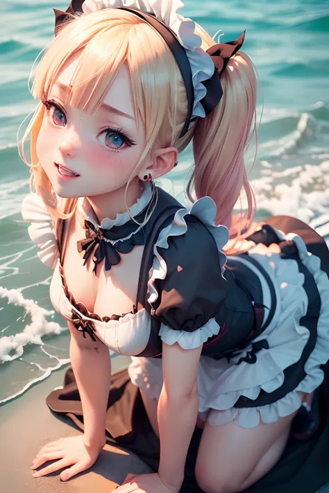 ((render of a cute 3d anime girl,Half moon evening background,((Maid clothes in gothic color)),Blonde twin tails with red earrings,((all-fours))Float on the shore and smile))、Blue eyes float,, Selfie wind, Angle from below,,Angle from the front,Looking up ...