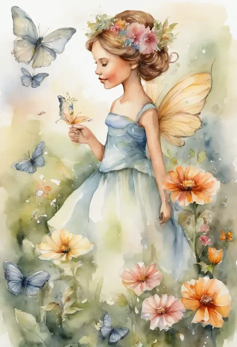 A beautiful girl in a fairy costume, surrounded by flowers and butterflies. Content: watercolor painting. Style: whimsical and delicate, like a children’s book illustration.