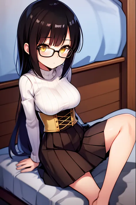 ren, 1girl, solo, black hair, yellow eyes, glasses, khaki colored sweater, corset, pleated skirt, black pantyhose, sitting, on b...