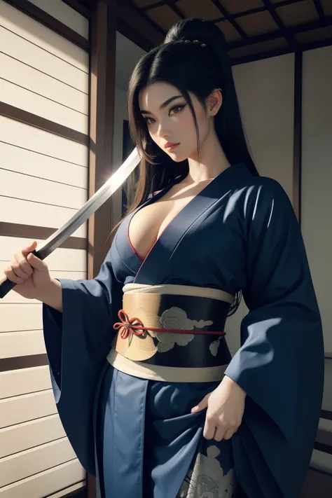 Uma linda samurai sexy, cabelos longos azuis ( flowing hair), rosto lindo, corpo lindo delicado, corpo sedutor, usando um quimono aberto sexy e sedutor, Holding his bright blue blade katana.

The image is of the highest quality, with every detail captured ...