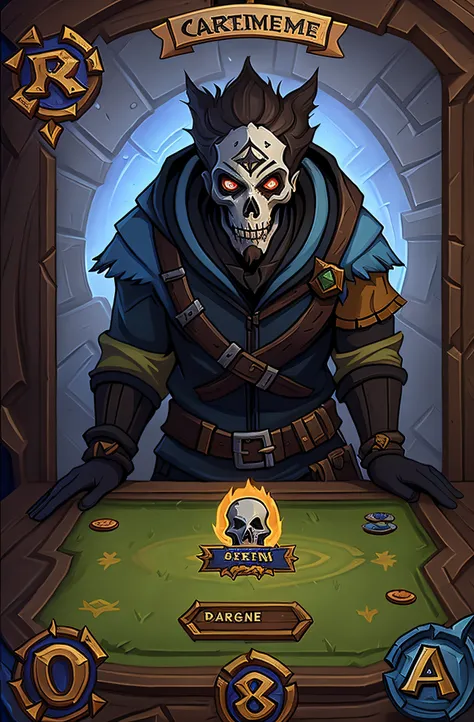 uma imagem de desenho animado de um personagem de jogo de cartas com uma caveira em seu rosto, em estilo de arte de Hearthstone, Estilo de Arte Hearthstone, fantasia estilo de arte hearthstone, hearthstone card art, arte estilo hearthstone, hearthstone car...