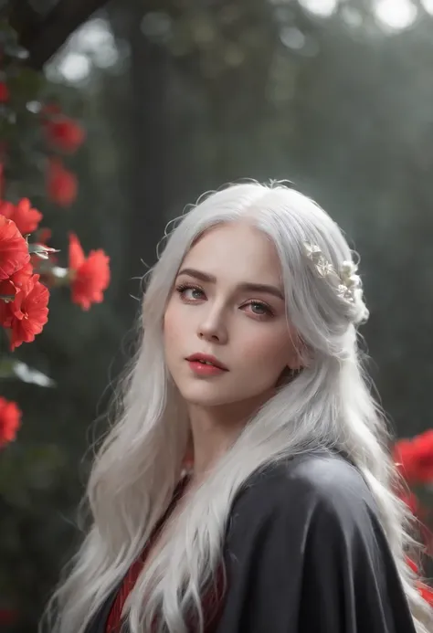 1girl,solo,1girl,solo,((beautiful detailed eyes)), (detailed light),depth of field,(white hair),silver eyes,hair over one eye,(red flower ), hair flower,long hair,black cloak,wet,emotionless,looking back,night,starfall,raining,fog,red flowers falling,sketc...