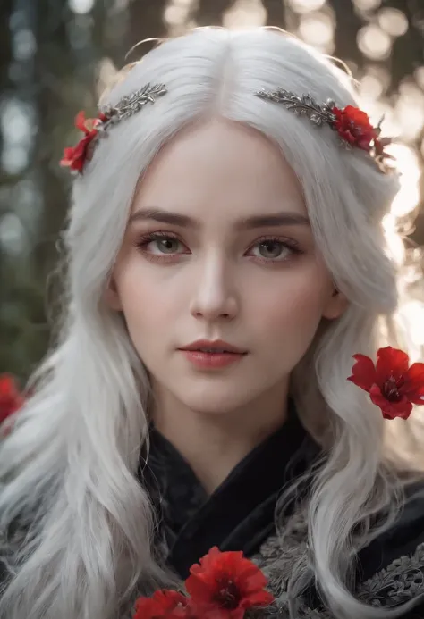 1girl,solo,1girl,solo,((beautiful detailed eyes)), (detailed light),depth of field,(white hair),silver eyes,hair over one eye,(red flower ), hair flower,long hair,black cloak,wet,emotionless,looking back,night,starfall,raining,fog,red flowers falling,sketc...