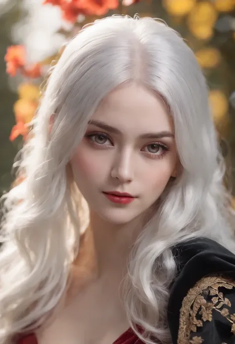 1girl,solo,1girl,solo,((beautiful detailed eyes)), (detailed light),depth of field,(white hair),silver eyes,hair over one eye,(red flower ), hair flower,long hair,black cloak,wet,emotionless,looking back,night,starfall,raining,fog,red flowers falling,sketc...