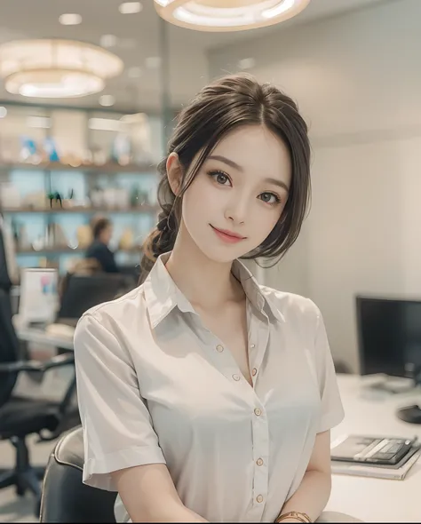 masutepiece、hight resolution、Company Secretary、Beauty Secretary、Career Woman、30-year-old girl、１girl with、Looking at the camera、The background is the company reception、smil、Finish as shown in the photo、a beauty、the skin is white and beautiful、Hair should be...