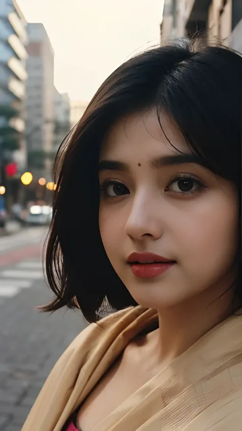 (((Desi Girl))), chubby face, Natural Skin, Wearing a hot deep necktop and dupatta, Attractive black hair, ((The ends of the hair are blonde)), city street background, Bokeh