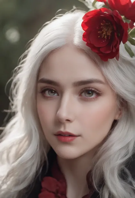 1girl,solo,1girl,solo,((beautiful detailed eyes)), (detailed light),depth of field,(white hair),silver eyes,hair over one eye,(red flower ), hair flower,long hair,black cloak,wet,emotionless,looking back,night,starfall,raining,fog,red flowers falling,sketc...