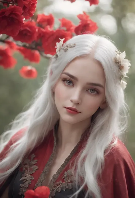 1girl,solo,1girl,solo,((beautiful detailed eyes)), (detailed light),depth of field,(white hair),silver eyes,hair over one eye,(red flower ), hair flower,long hair,black cloak,wet,emotionless,looking back,night,starfall,raining,fog,red flowers falling,sketc...