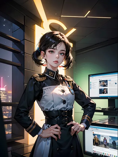 ((Melhor qualidade)), ((obra-prima)), (altamente detalhado: 1.3), 3D, NeonNoir, bela mulher cyberpunk, (using the head mounted display which is thick and hi-tech: 1.2), usando uma capa, hacking um terminal de computador, PURPLE NEON LIGHT FROM MONITOR, GRE...