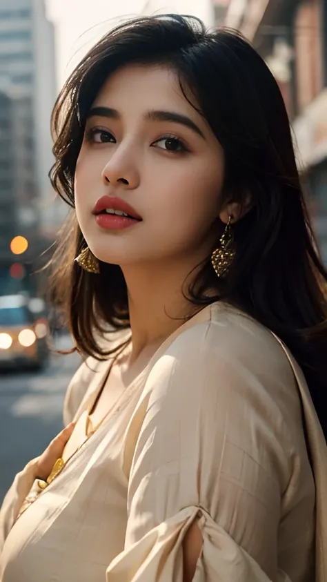 (((Desi Girl))), chubby face, Natural Skin, Wearing a hot deep necktop and dupatta, Attractive black hair, ((The ends of the hair are blonde)), city street background, Bokeh